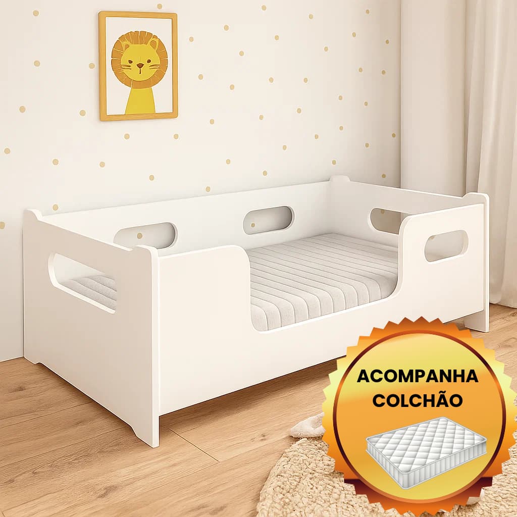 Mini Cama Infantil Montessoriana Encanto 100% MDF com Grade Proteção e Colchão Incluso