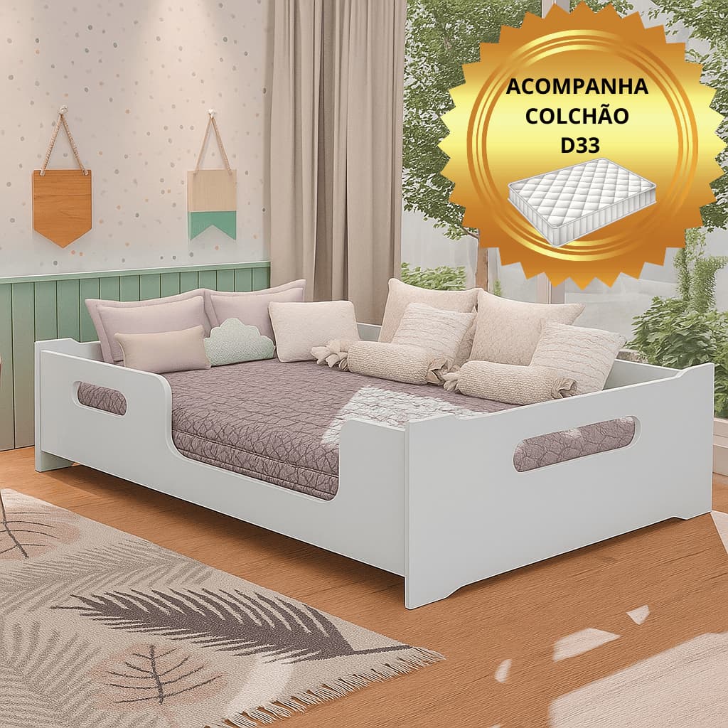 Cama Casal Encanto Estilo Montessori 193x143 Com Grade Proteção Lateral e Colchão Casal D33