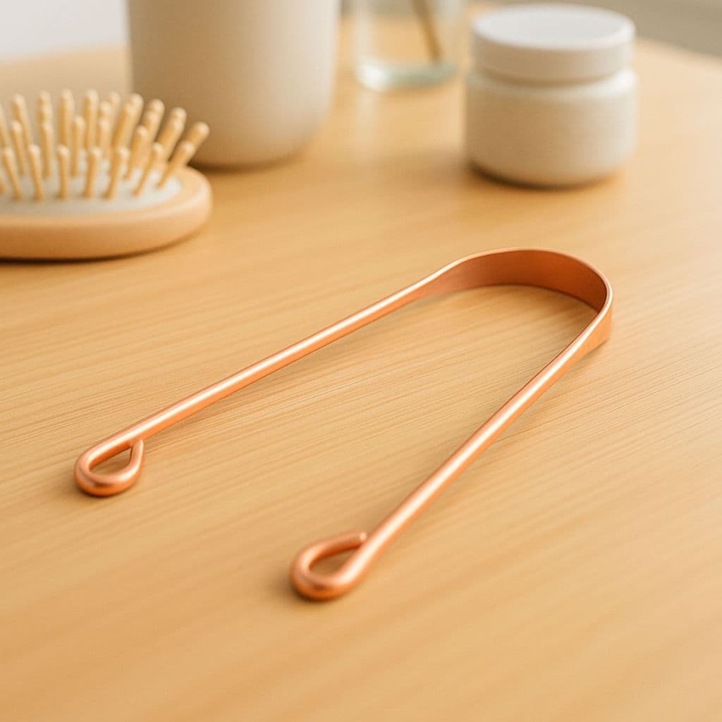 Raspador de Lingua Cobre Puro com Saquinho Algodao Ayurveda