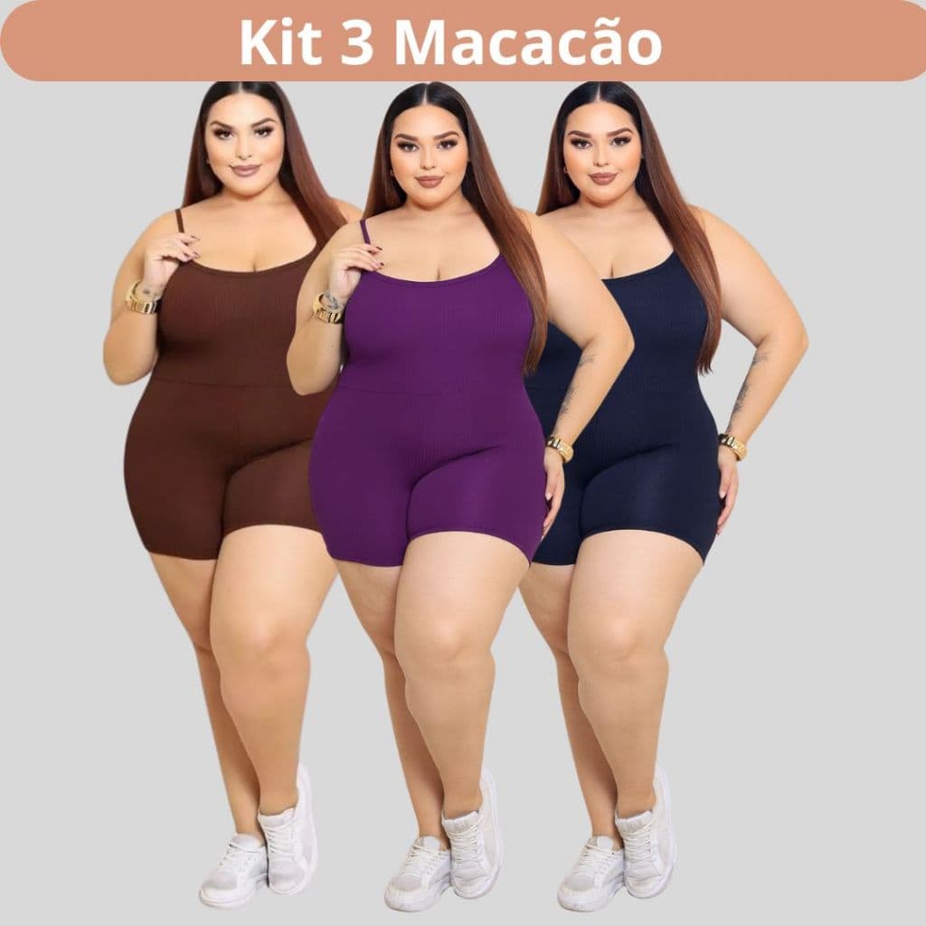 Kit 3 Macaquinho Macacão Plus Size Curve Fitness Slim Feminino Academia Yoga Corrida Pilates Confortável P055