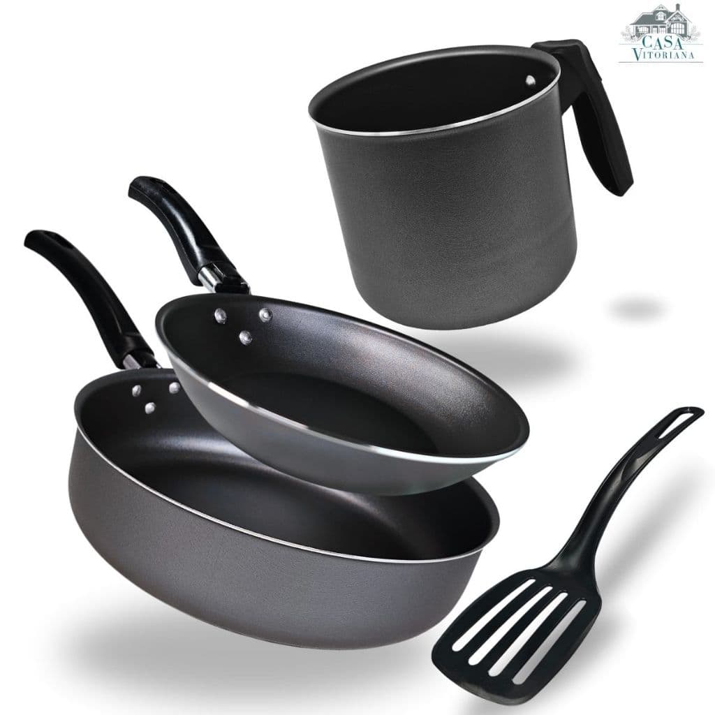 Kit 3 Peças Frigideira Alta 22 cm Frigideira Francesa 16 cm e Caneco Leiteira 16 cm Antiaderente Cor Preto Grafite