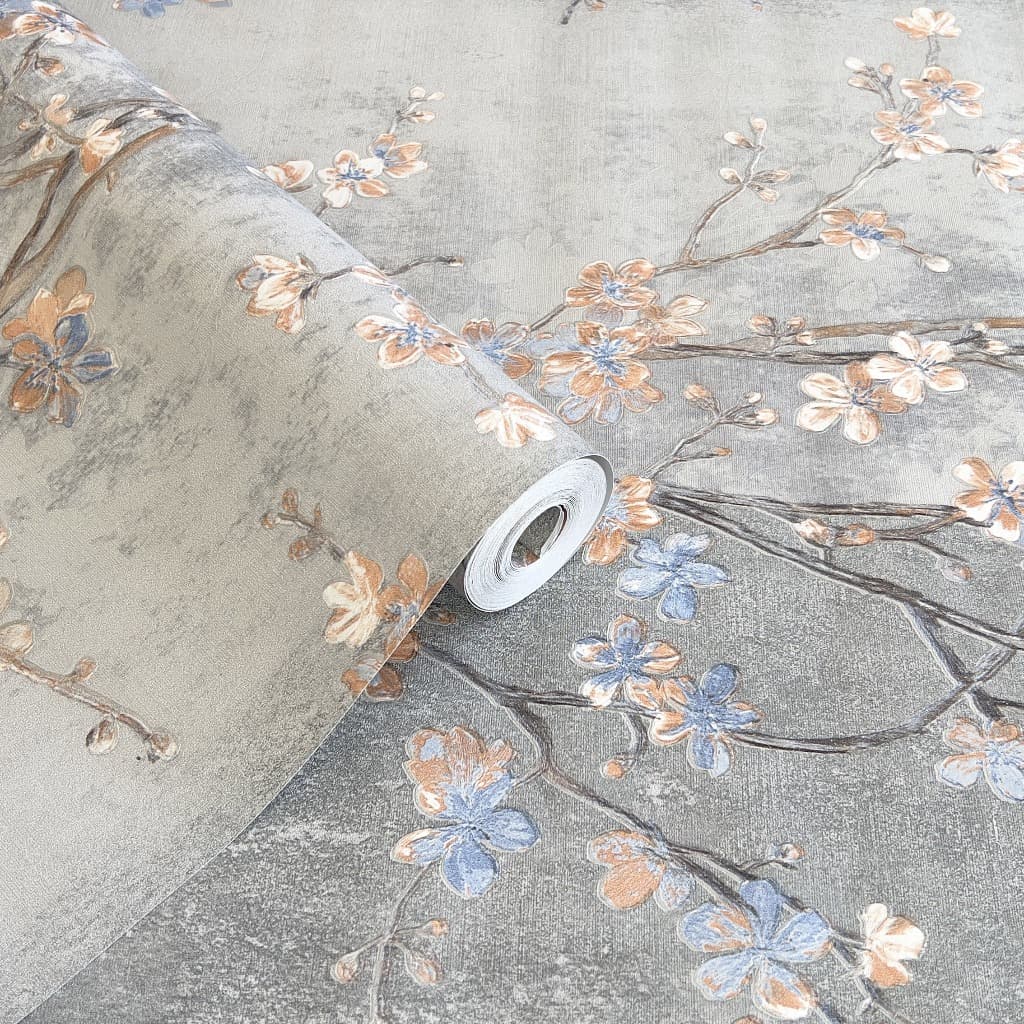 Papel de Parede Alto Relevo Flores e Ramos - Fundo Cinza com Flores Salmão/Azul - Rolo 10m x 53cm - Cola Inclusa