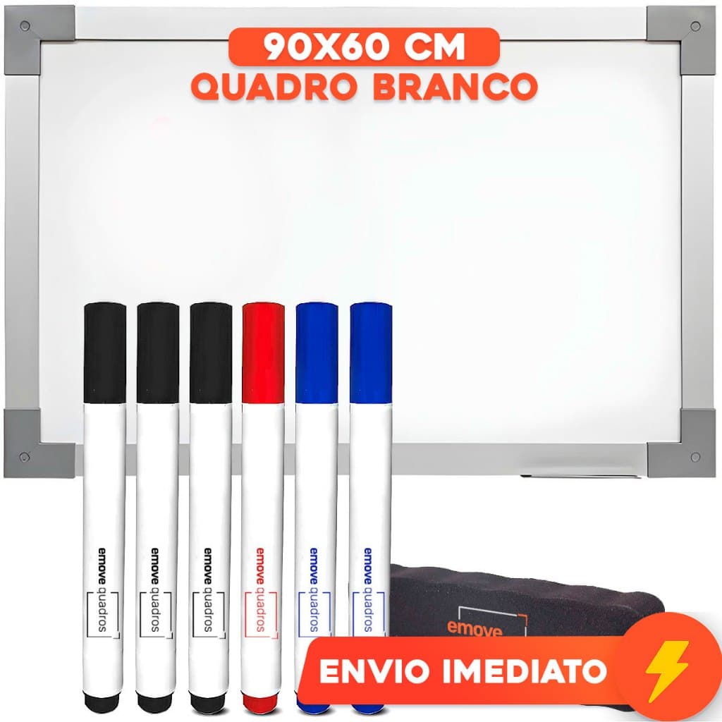 Quadro Branco Magnético 90x60cm Lousa Branca Com Moldura De Alumínio + 6 Canetas + Apagador