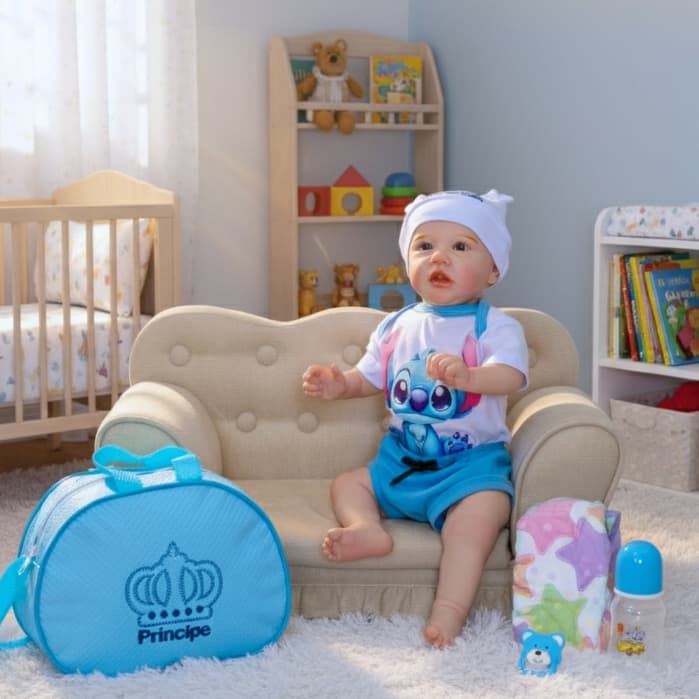 Bebê Reborn Menino Boneco Saskia Stitch Realista Original de Silicone Com Bolsa Maternidade