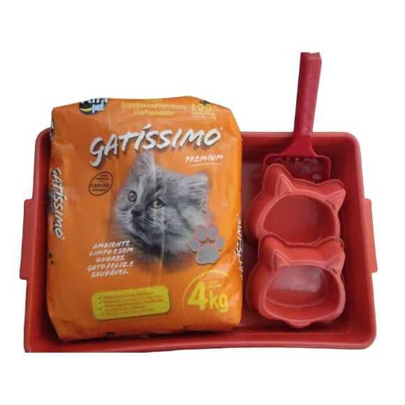 Kit Gato Completo com Areia Gatíssimo 4kg + Caixa de Areia + 2 Comedouros + Pá