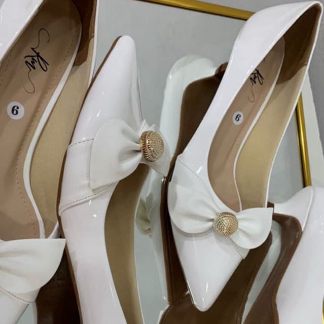 Scarpin Branco c/ Laço - Salto Gota 2,5cm /Salto baixo/Linha luxo /Salto bb confortável/Social /Linha Premium/Elegante