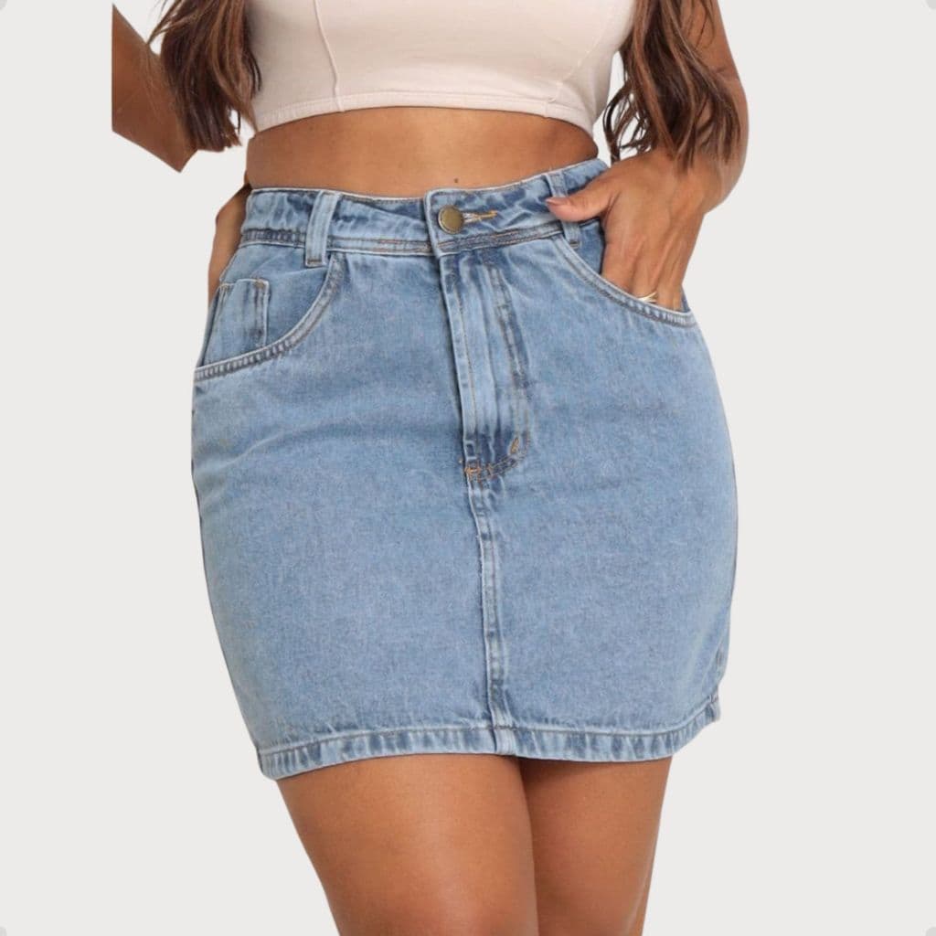 Mini Saia Jeans Tradicional Feminina Cintura Alta Casual Moderna Com Botão e Zíper