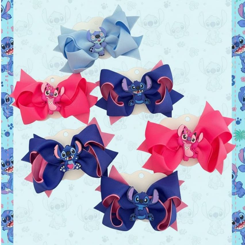 Kit Laços de Cabelo Para Meninas Laço Lilo e Stitch Infantil Feito a mão 15cm Presilha Bico de Pato