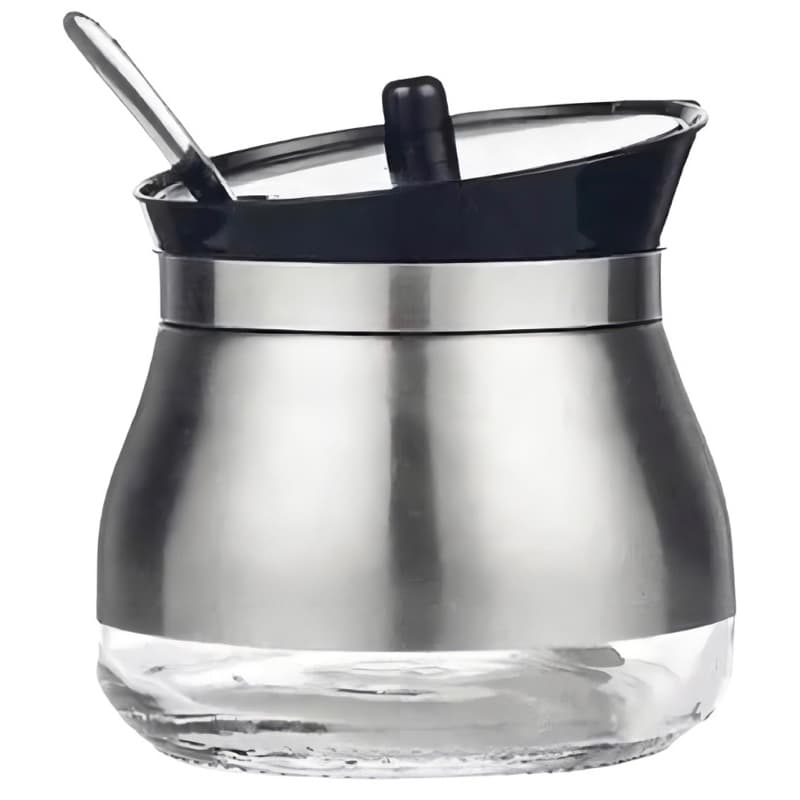 Açucareiro de vidro com colher tampa revestimento em aço inox pote de açúcar prateado