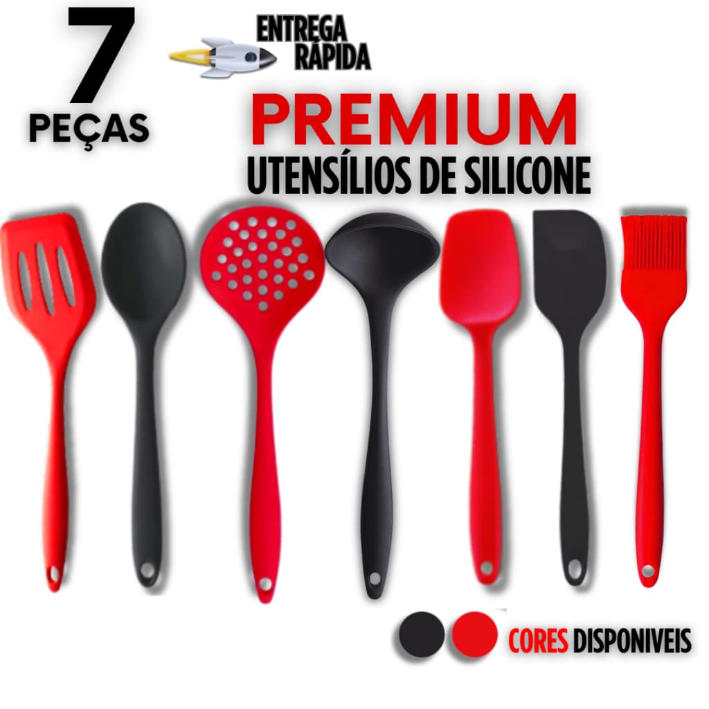 Kit Especial de Silicone 2 Espátula + Colher + Escumadeira + Espátula Vazada + Concha + Pincel 230º