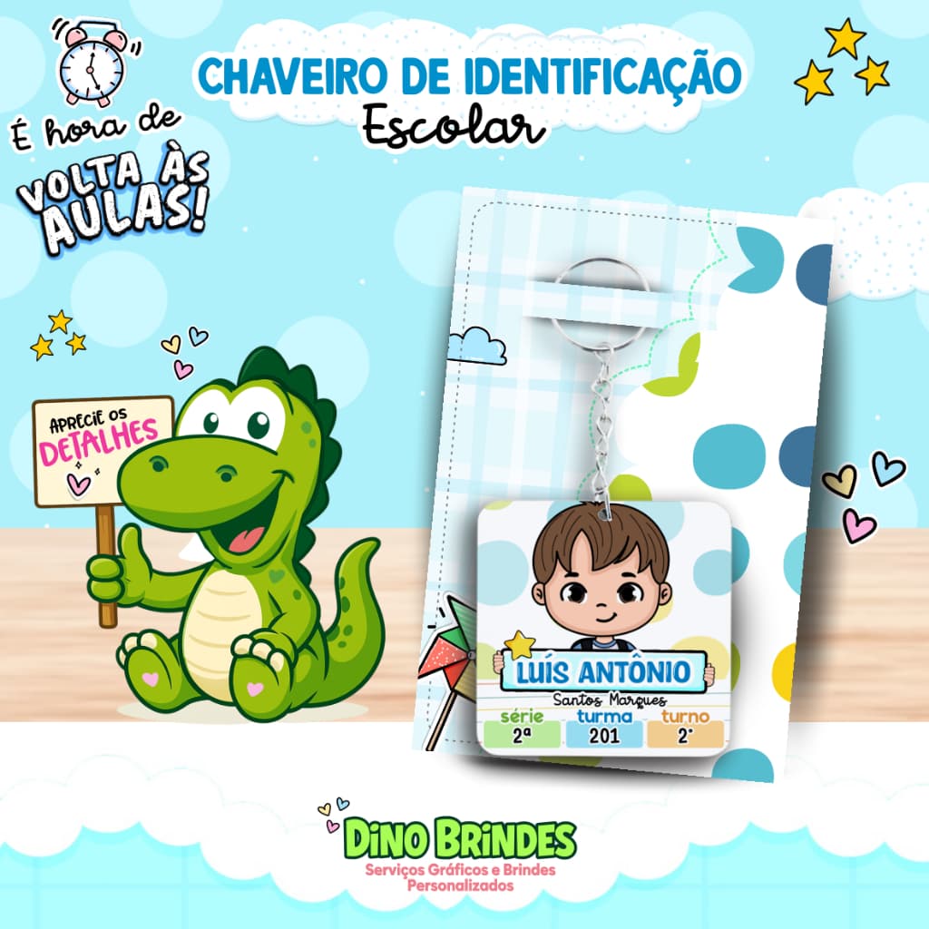 🔑✨Chaveiro Escolar para Identificação - 🧒Alunos (Pele Clara e Cabelo Castanho) ✔️