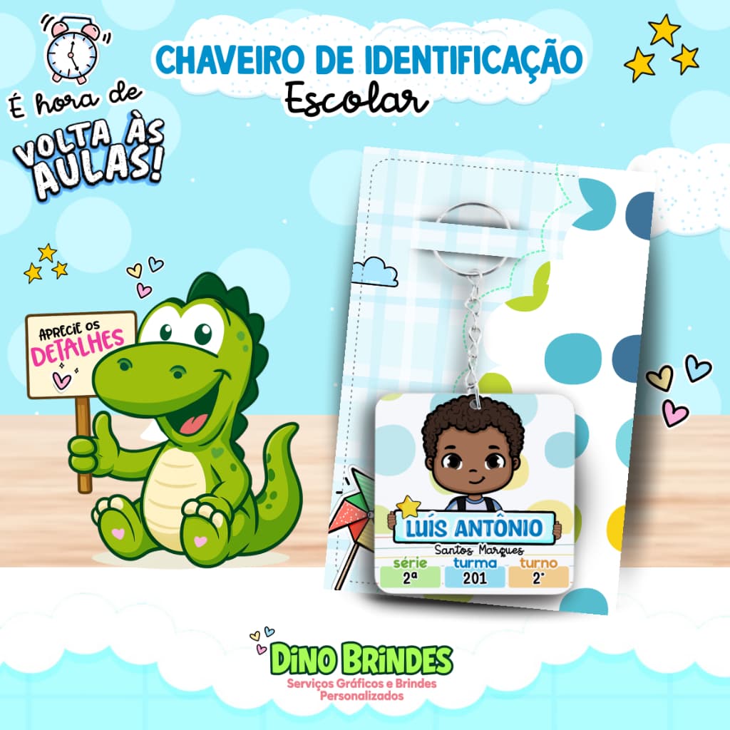 🔑✨Chaveiro Escolar para Identificação - 🧒Alunos (Pele Negra e Cabelo Castanho) ✔️