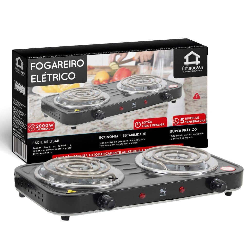 Fogareiro Elétrico Portátil 2 Bocas – ESPIRAL – Preto – 2000W 110V