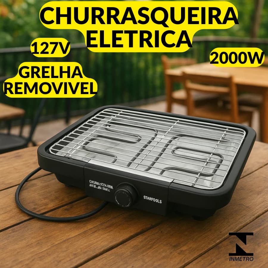 Churrasqueira Eletrica 40,7x34,5cm 127V 220V 2000W Grelha Removível Com Regulador De Temperatura