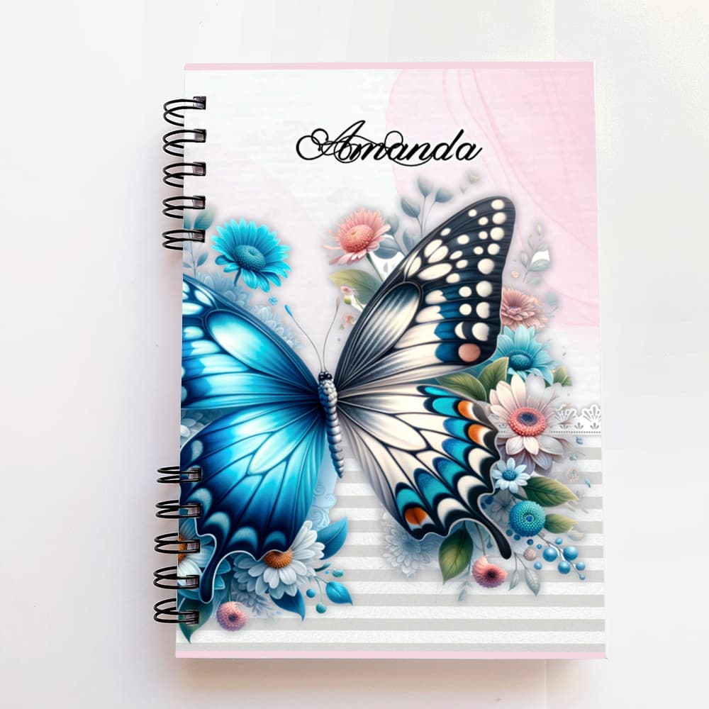 Caderno borboleta personalizado com nome, folhas decoradas, A5, presente, 200 páginas