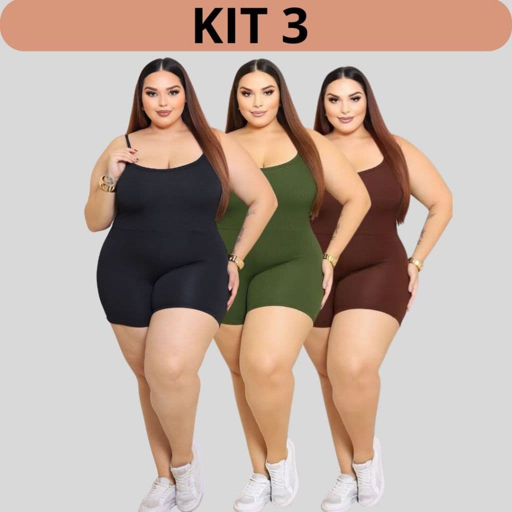 Kit 3 Macaquinho Malhar Plus size Curto Anarruga Feminino Estiloso Alça Fitness Academia Macacão P055