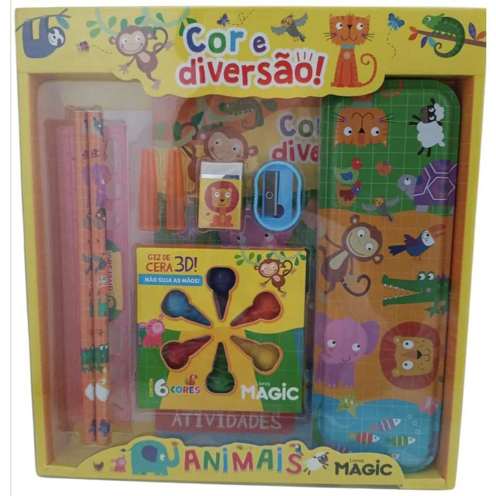 KIT ESCOLAR INFANTIL COR E DIVERSÃO ANIMAIS, ESTOJO+GIZ DE CERA+LÁPIS+APONTADOR+BORRACHA+RÉGUA+JOGO DA MEMÓRIA+LIVRINHO