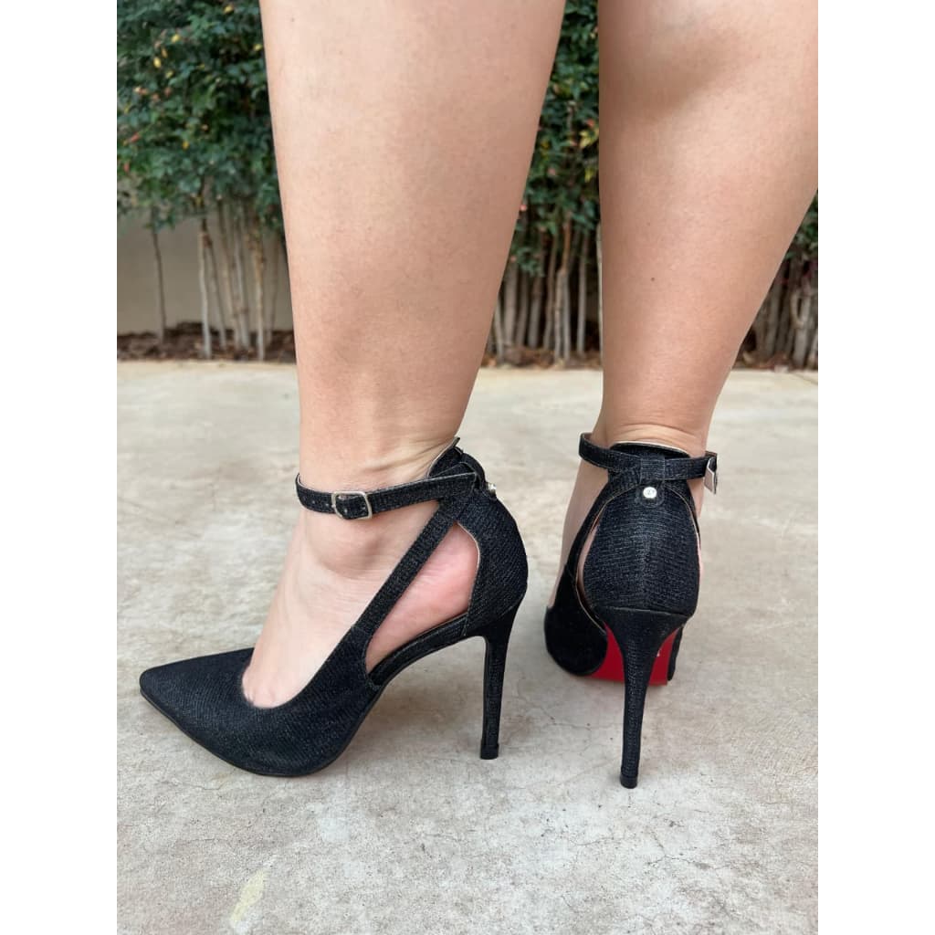 SCARPIN GLITER PRETO COM ESTRASS SOLA VERMELHA SALTO 11 CM
