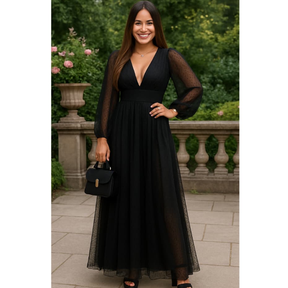 Vestido Longo em Tule Decote V com Manga Longa – Moda Feminina Festa Casamento