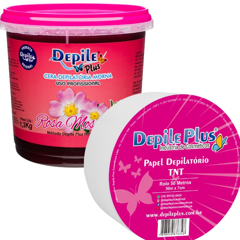 Kit 1 Cera Profissional Hidrossolúvel Pote 1,3kg + Papel Depilatório TNT rolo de 50m Depile Plus