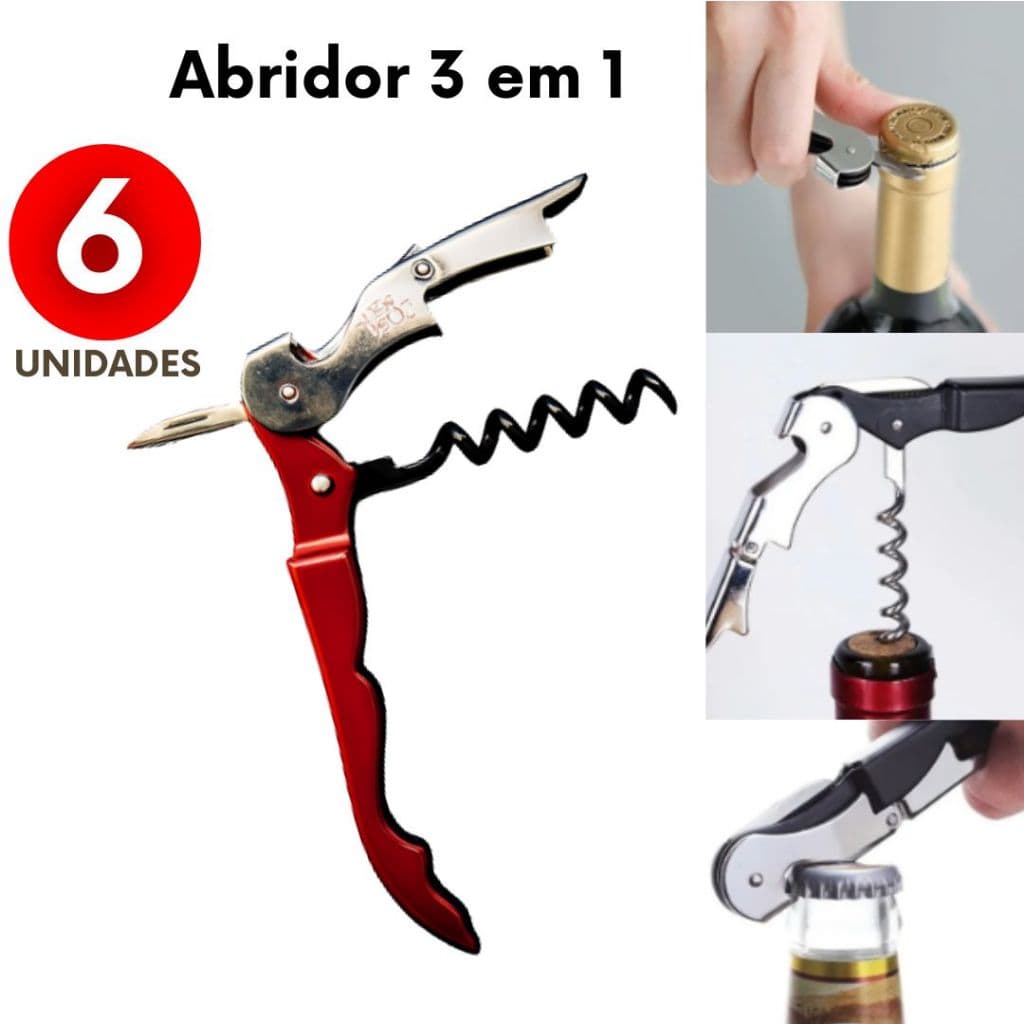 Kit 6 Abridor de Saca Rolhas Vermelho Premium 3 em 1 Aço Inox Garrafa Lata Mini Canivete Resistente