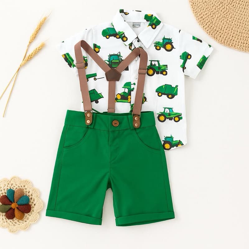 conjunto menino aniversario social modelo short brim trator verde