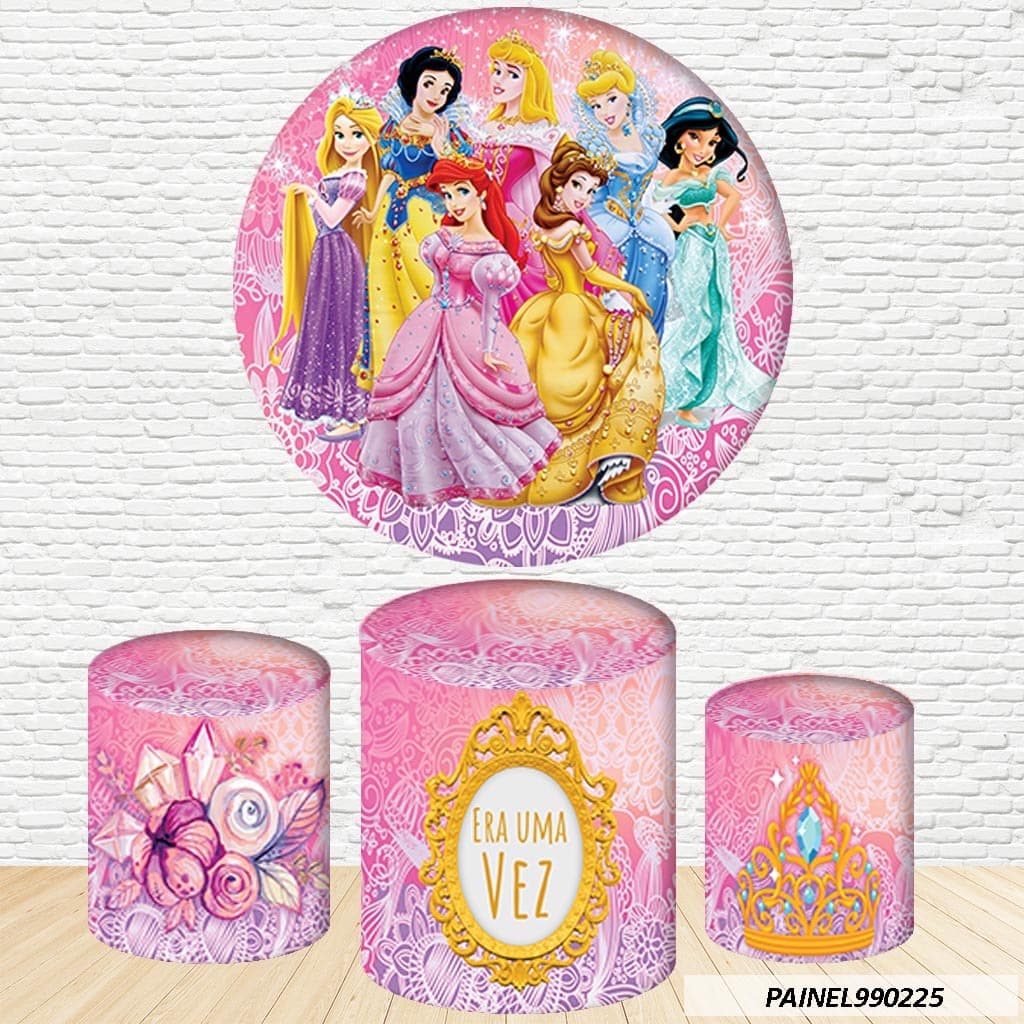 Kit de Capas de Painel Redondo Sublimado Princesas 1,50M +  Trio Capas de Cilindro C/Elástico