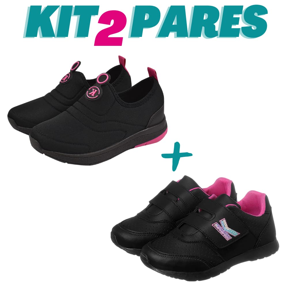 KIT 2 PARES Tênis Meia Calce Facil Infantil Menina Preto Pink e Tênis Jogging Bordado Preto Pink Promoção