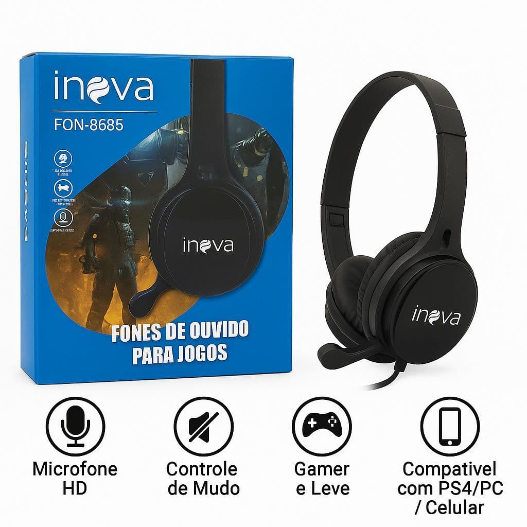 Fone Inova Gamer P2 com Microfone HD e Controle Volume Leve e Confortável p/ PS4 PC Celular