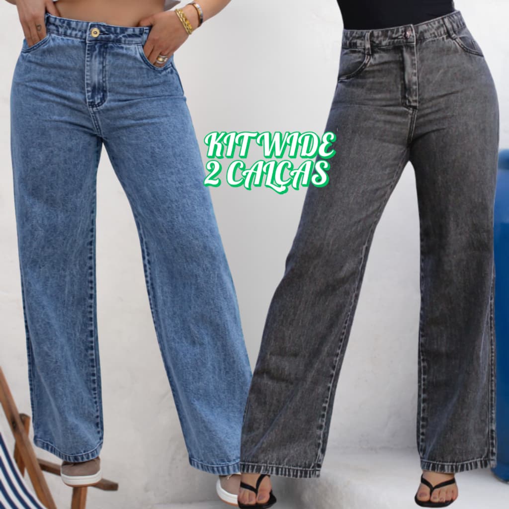 kit 2 Calças Feminina Wide Leg Cós Alto Empina Bumbum Pantalona
