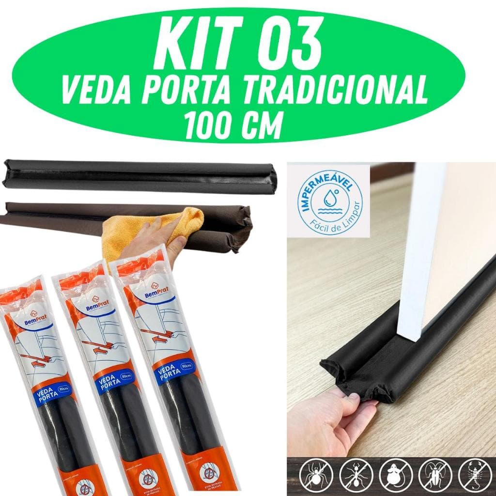 Kit 3 Veda Porta Tradicional 100 cm  – Preto | Protetor de porta - Contra Poeira, Insetos e Vento - Bemprat