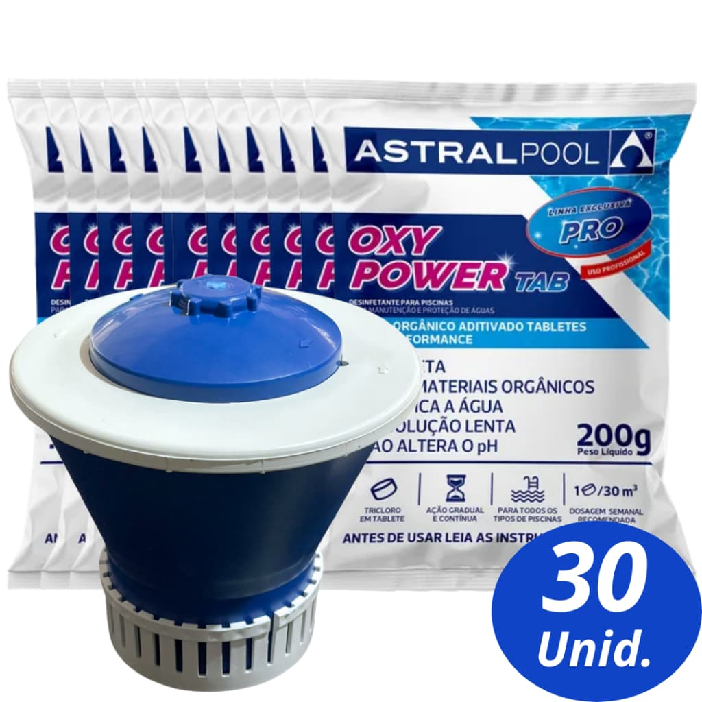 Kit 30 Pastilha Tablete Para Limpeza Piscina + 01 Margarida Clorador Flutuante Grande Para Tabletes de Cloro Piscina