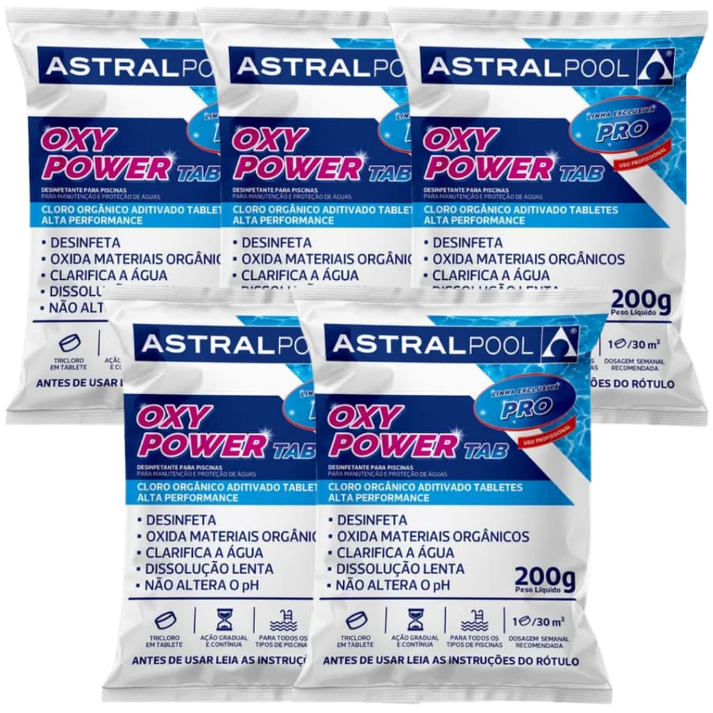 Kit 05 Pastilha Tablete de Cloro Para Limpeza de Piscina 5 em 1 - 200g Astral Pool
