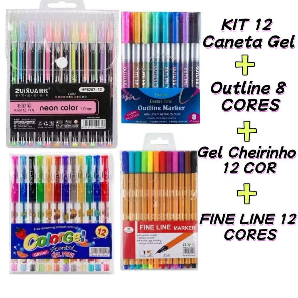 kit papelaria 12 canetas colorgel + 12 canetas finelinere + 8 canetas outline + 12 caneta Gel Cheirinho