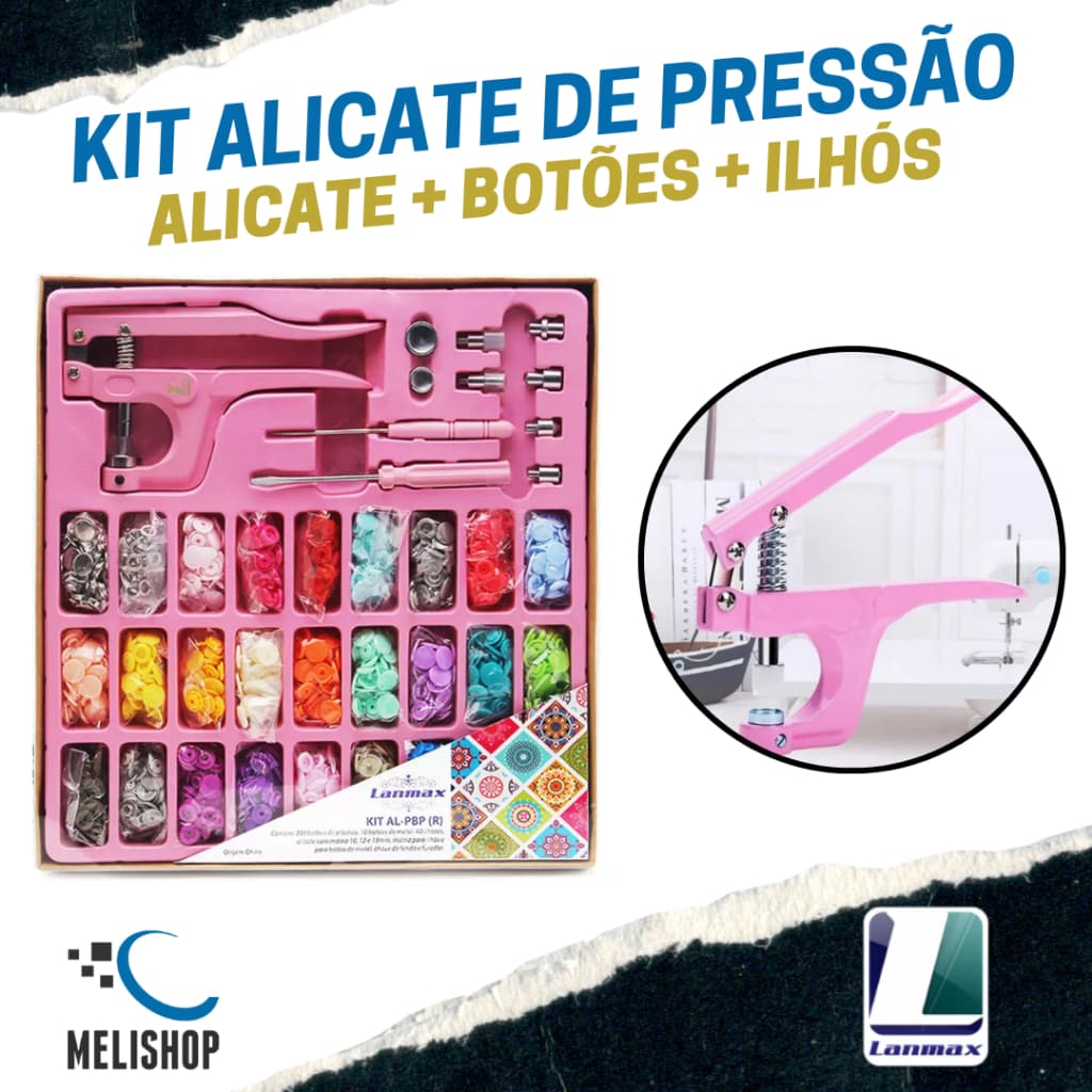 Kit Alicate de Pressão 3 em 1 Lanmax Rosa Aplicador de Botões Plástico e Metal Ilhós Patchworks