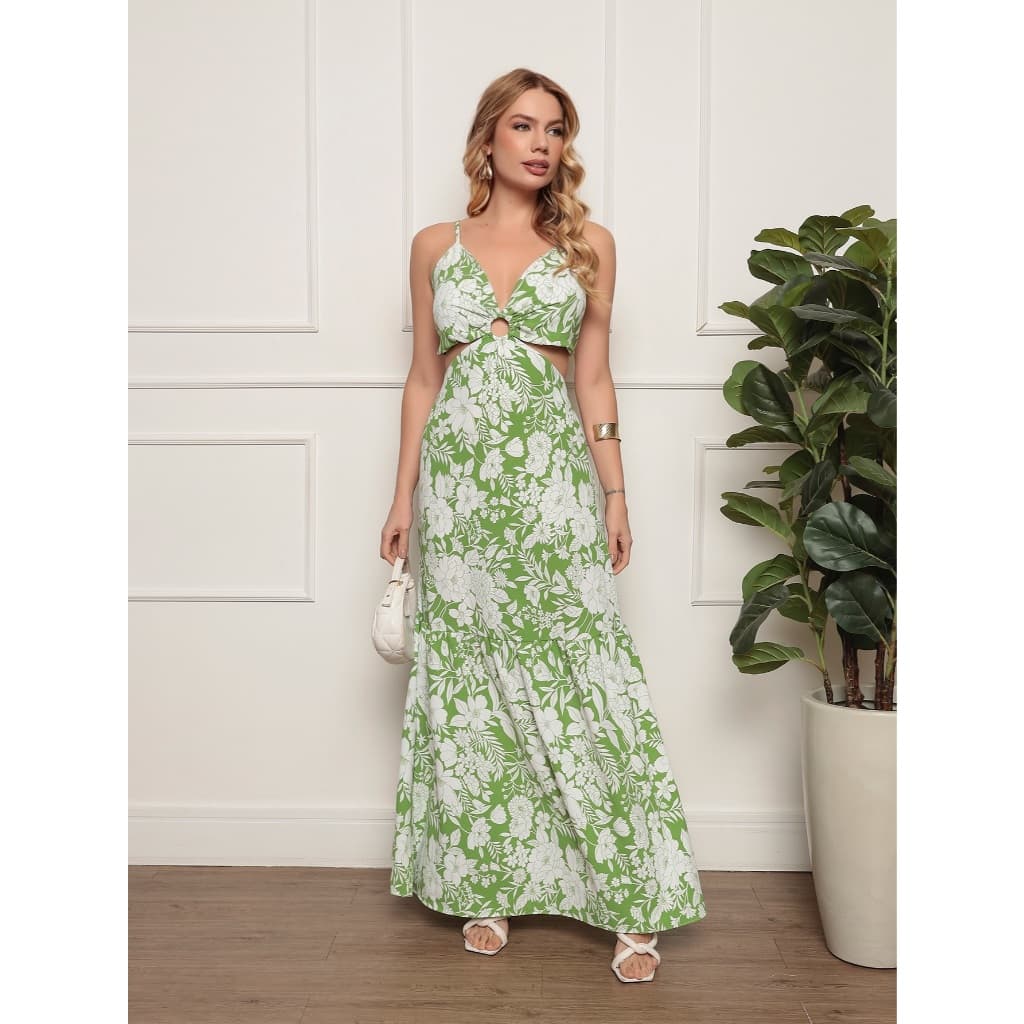 Vestido Longo Feminino alça+Bojo  Estampado amarra costa