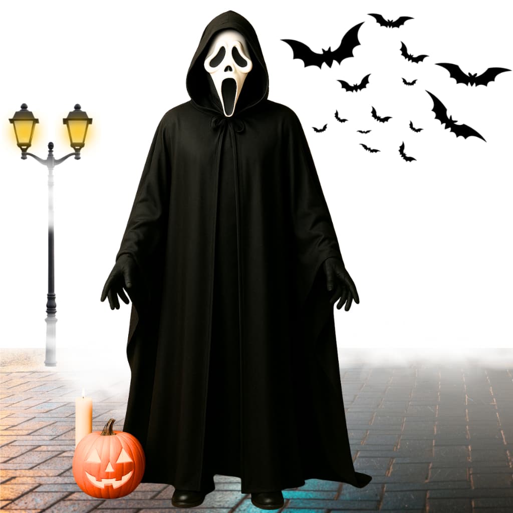 Fantasia Capa Preta Com Capuz Cetim Adulto Tamanho Unico P M G e GG Panico Halloween Terror Festa Capa E Mascara