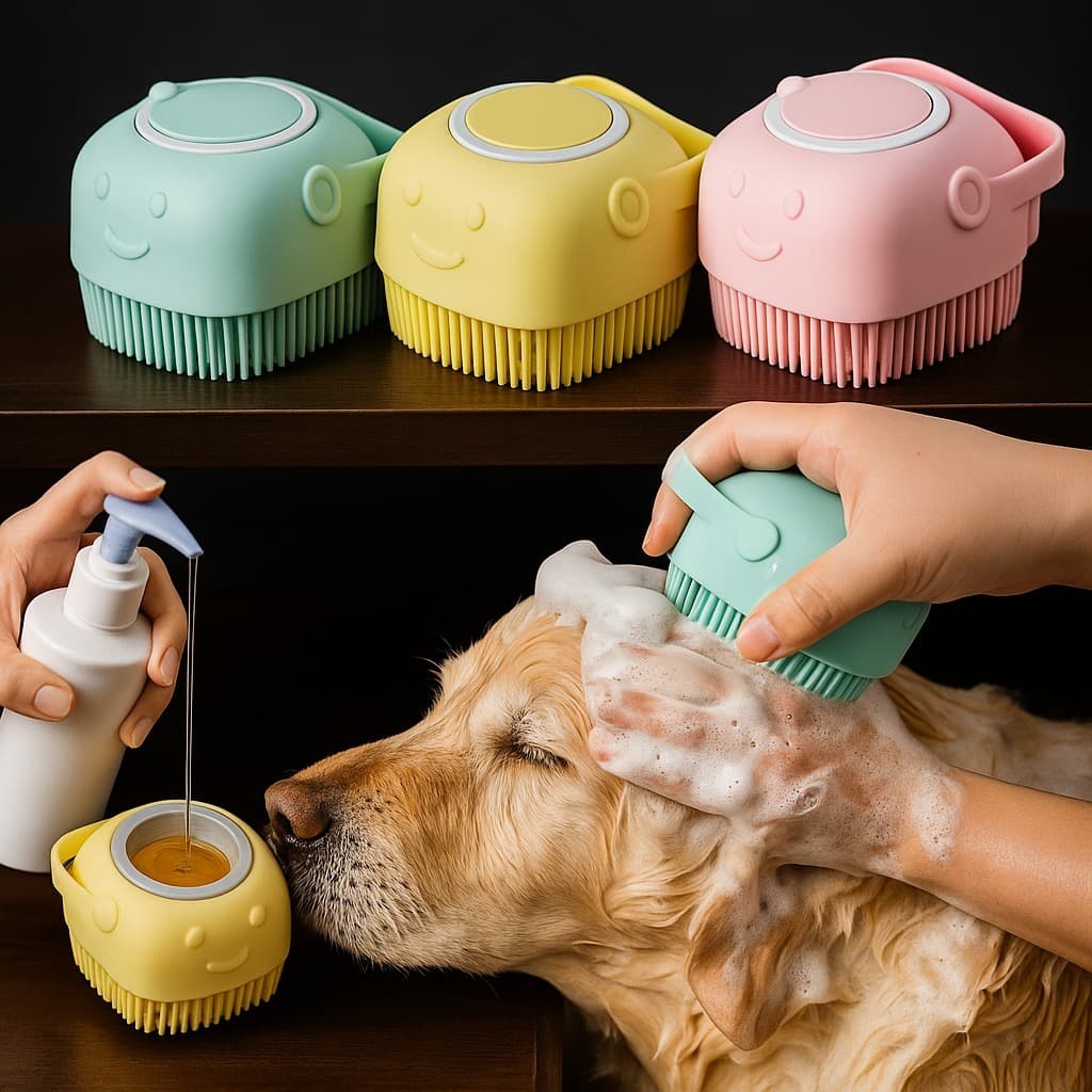 Escova Massageadora com Cerdas de Silicone com Dispenser para Banho de Cachorros e Gatos