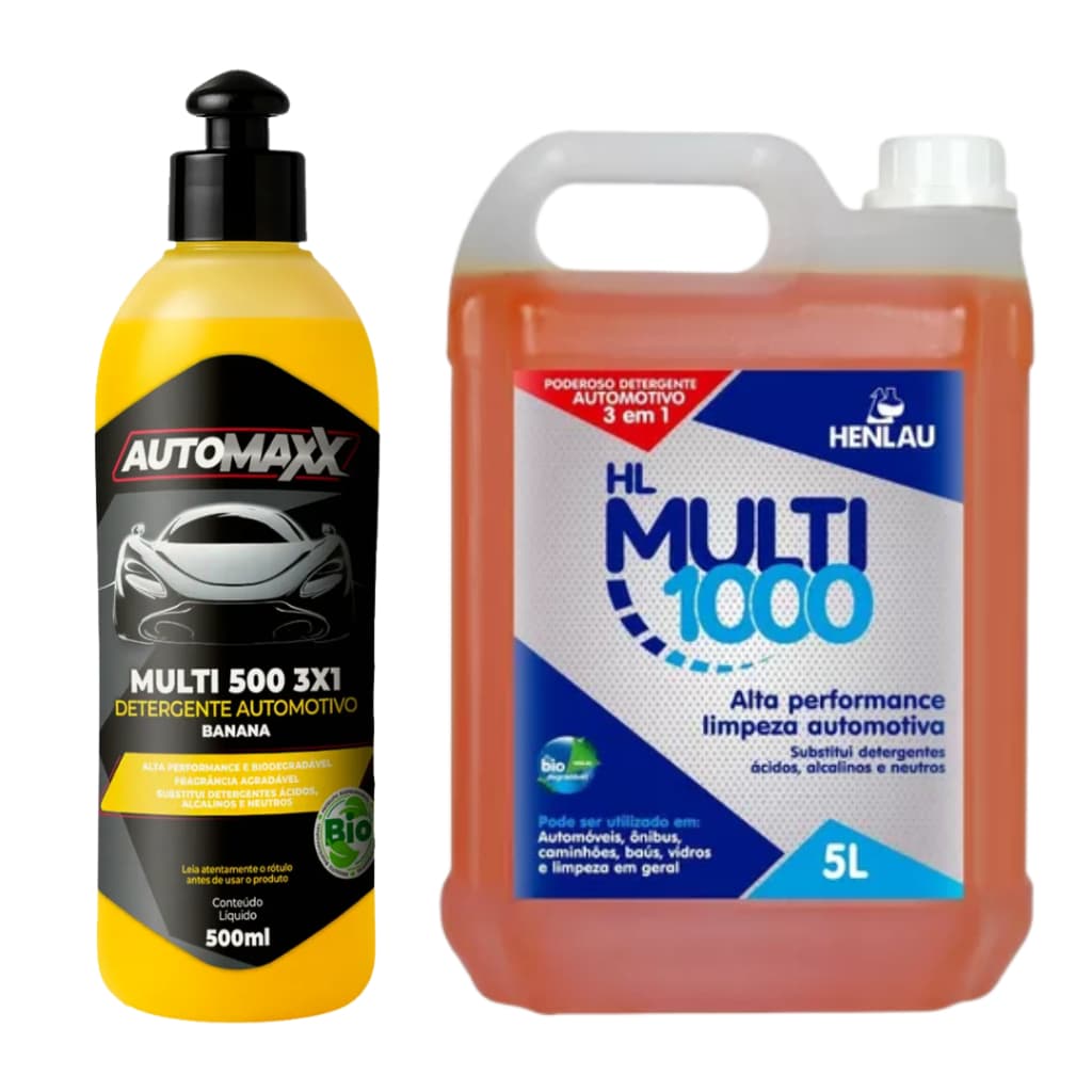 Multi 1000 Detergente 3 em 1 Henlau Automotivo 5L Kit Shampoo Mol Multi 500 Automaxx 500 ml