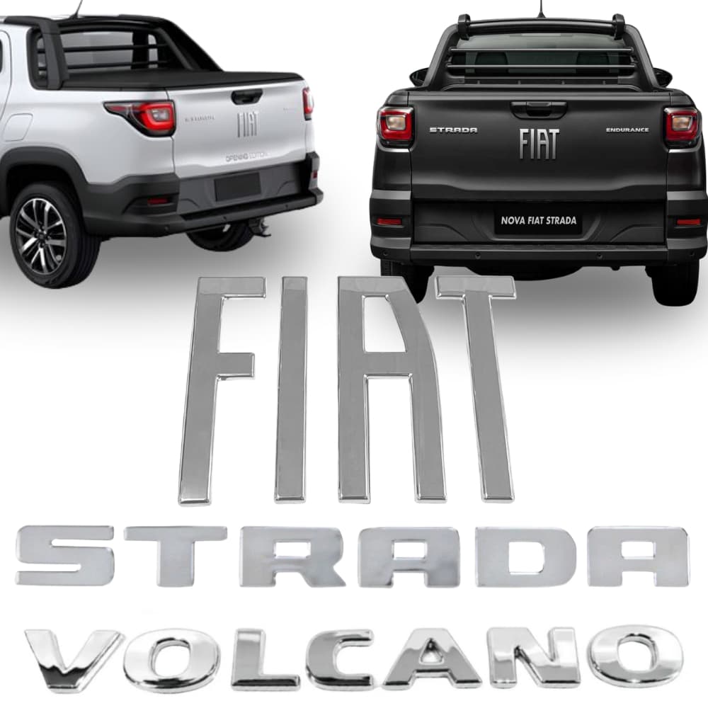 Kit Completo Emblemas Letreiros Traseiros Fiat Strada Volcano 2020 a 2024 Original Cromado