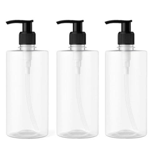 Kit 3 Frascos PET 500ml com Válvula Pump SHampoo Condicionador Sabonete líquido Cosméticos Refil Transparente