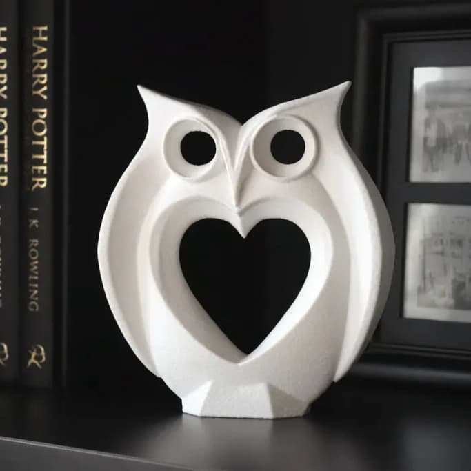 Escultura de Coruja Decorativa com Coração - Decoração Casa Escultura Aves 3D