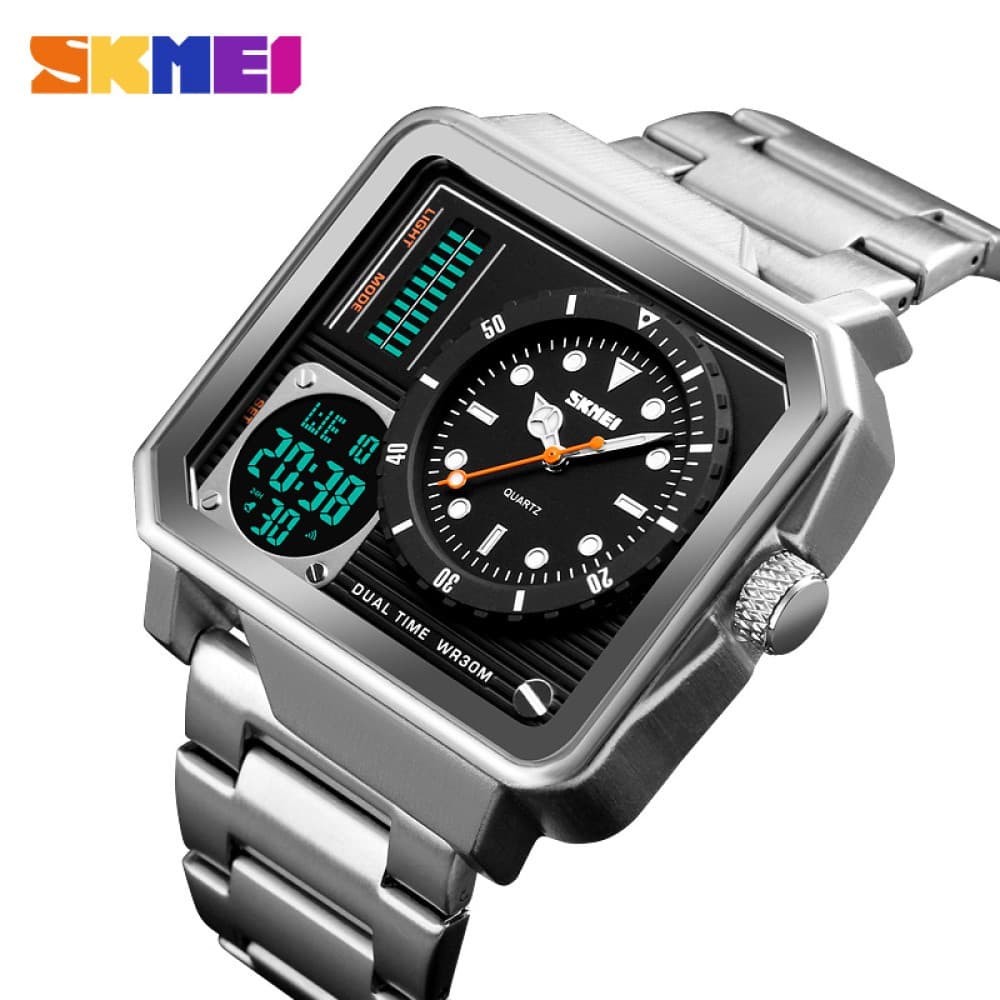 Relógio Masculino Skmei 1392 Digital  Esportivo Quadrado  com Duplo Display À Prova D’Água em Aço