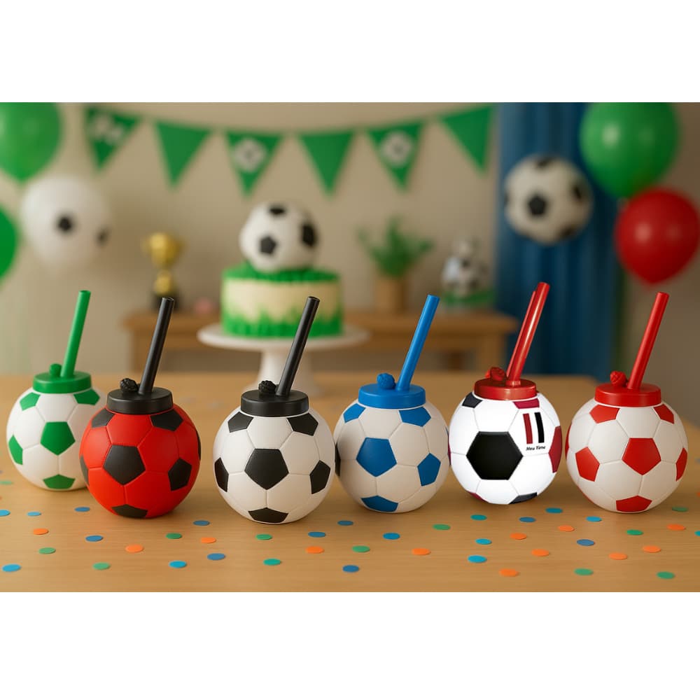 Kit 15 Copos Bola Futebol Canudo Lembrancinha Aniversário Decoração Copinho Divertido Merenda Creche