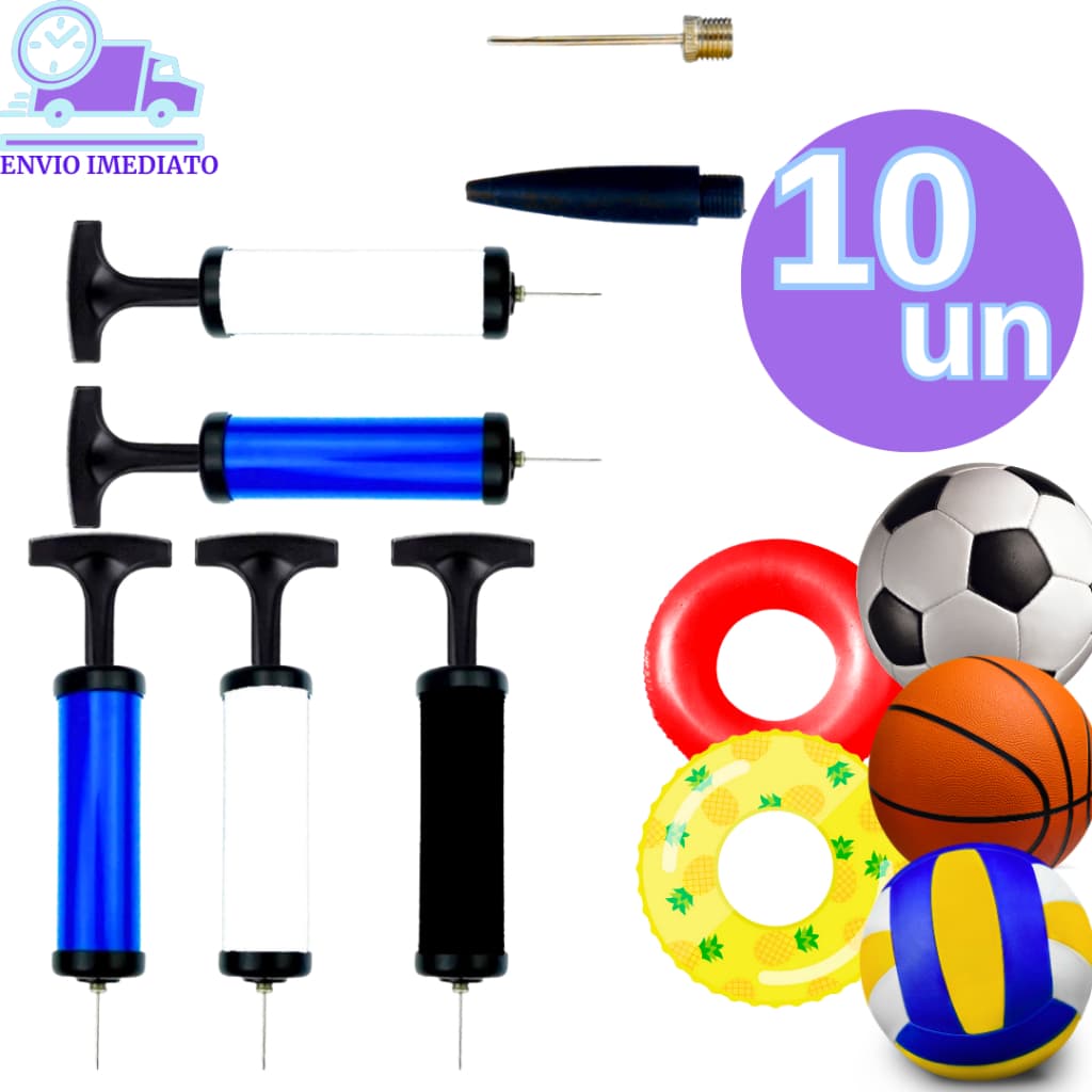 Kit 10 Bomba para Encher Bola de Futebol Futsal Futevôlei Basquete Infláveis Manual Com Bicos Metal
