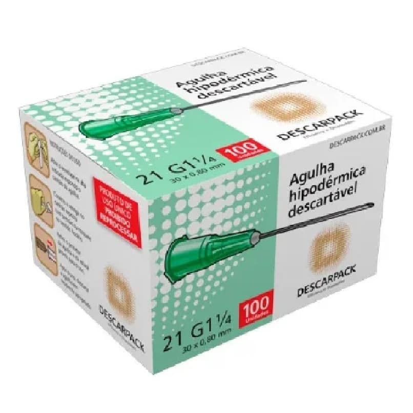 Agulha Descartável HiPodérmica Intramuscular Verde 25x8 C100