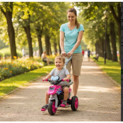 Triciclo Infantil com Pedal e Haste Rosa Azul Cinto Segurança Rodinhas Apoio Para Pé Passeio Parque Criança