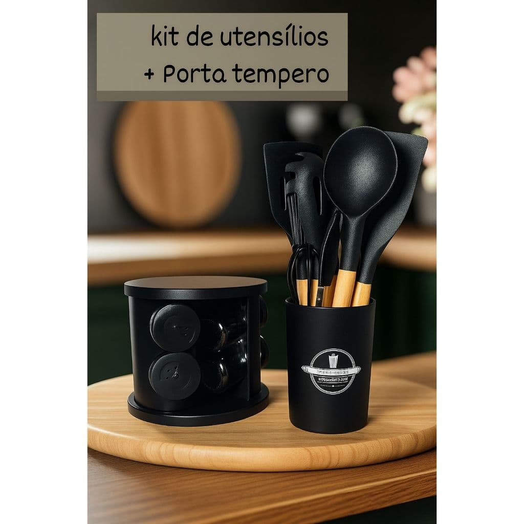Porta temperos giratórios com 6 peças de vidro e kit de utensílios de cozinha com 12 peças