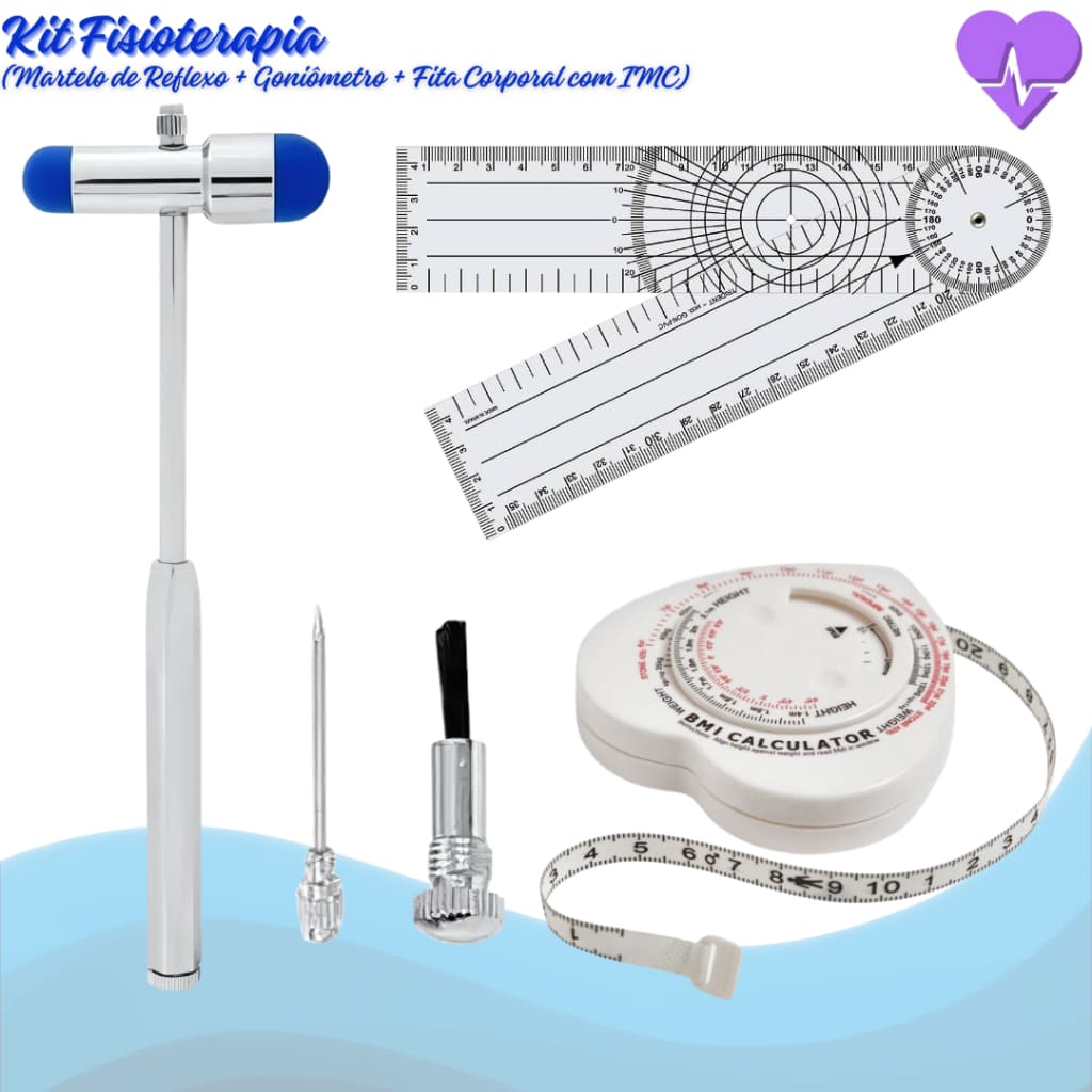 Kit de Fisioterpia com 3 itens: Martelo de Reflexo + Fita Métrica Retrátil com IMC + Goniômetro