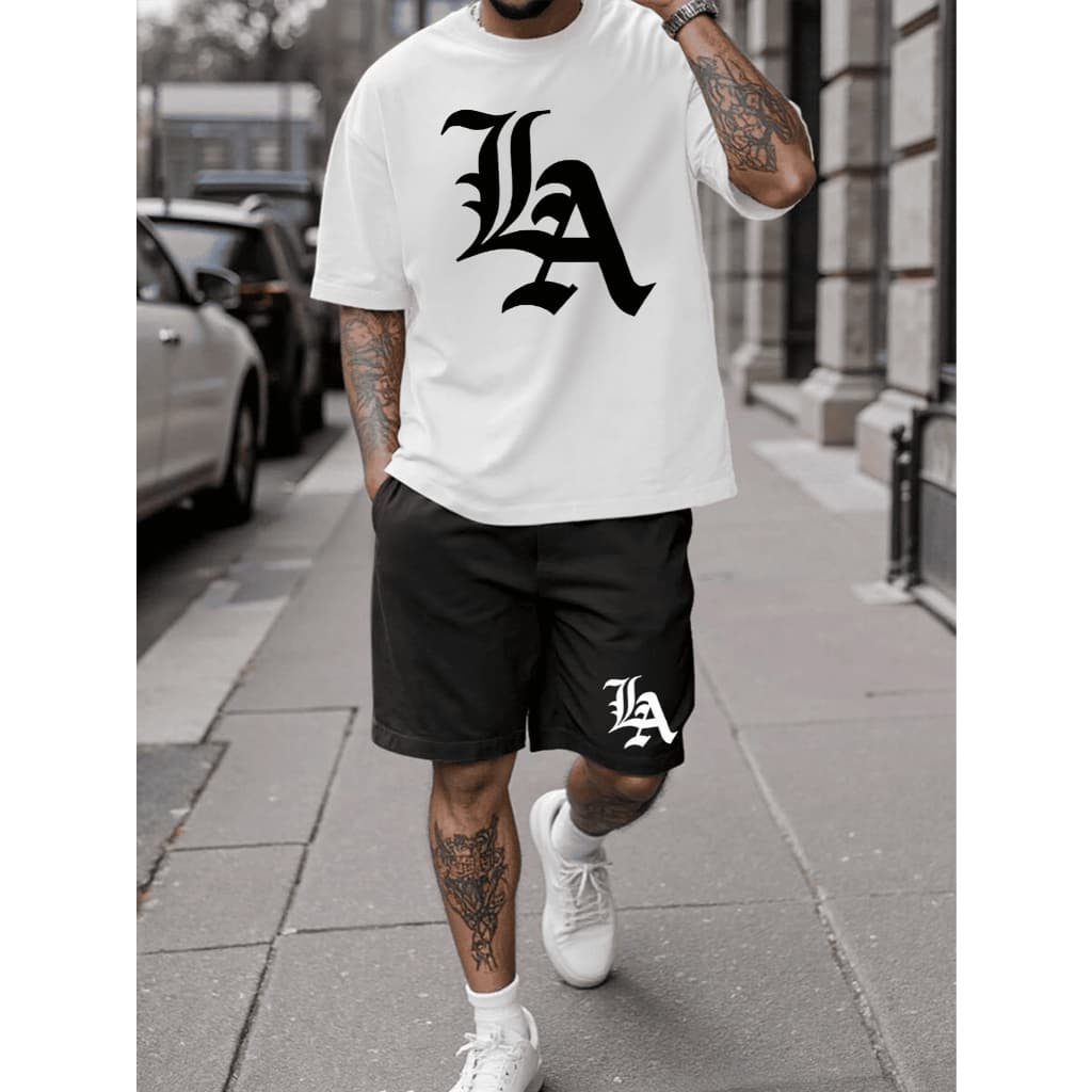 Kit Camisa + Short Tactel Masculino LA Los Angeles StreetWear Camiseta Conjunto